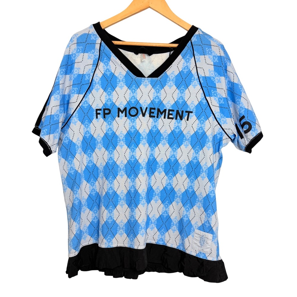 FP Movement Argyle Light Blue Combo Varsity Ruffle Pullover Tee XS New